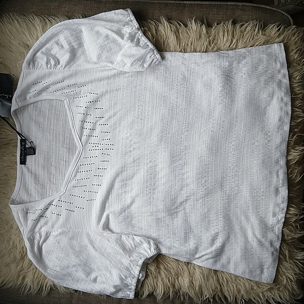 A Love Story Bedazzled Poofy Sleeve White Textured Shirt Blouse XL